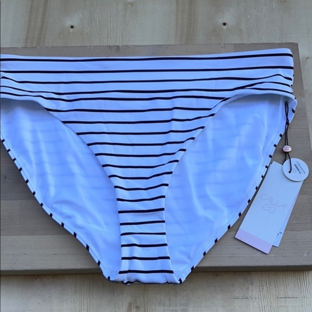 CALIA Coastal Stripe White Wide Banded Mid Rise Bikini Bottoms WSA23414PRT M
